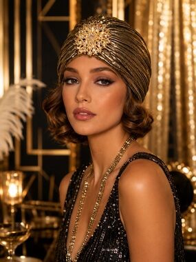 1920s-Inspired Gold Pleated Turban with Crystal Brooch